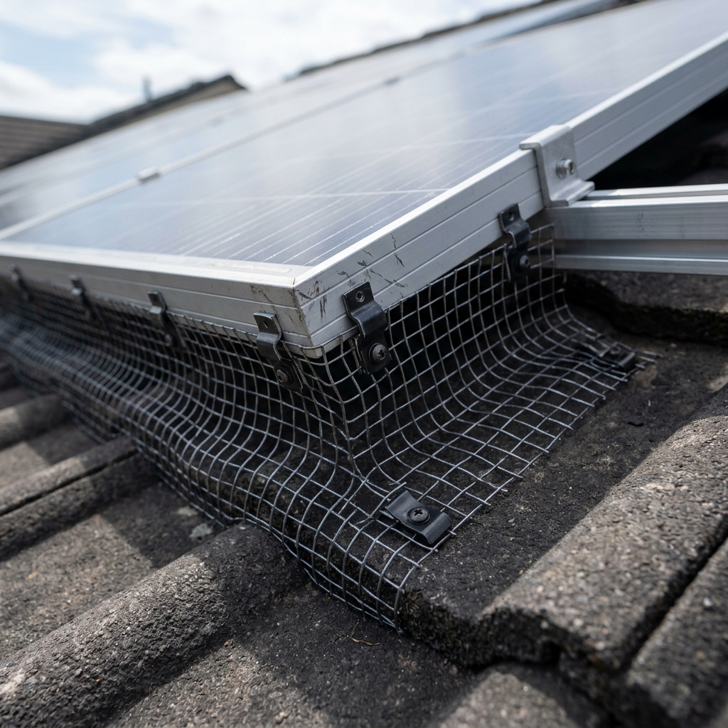 Wire mesh installed around solar panels to prevent nesting birds