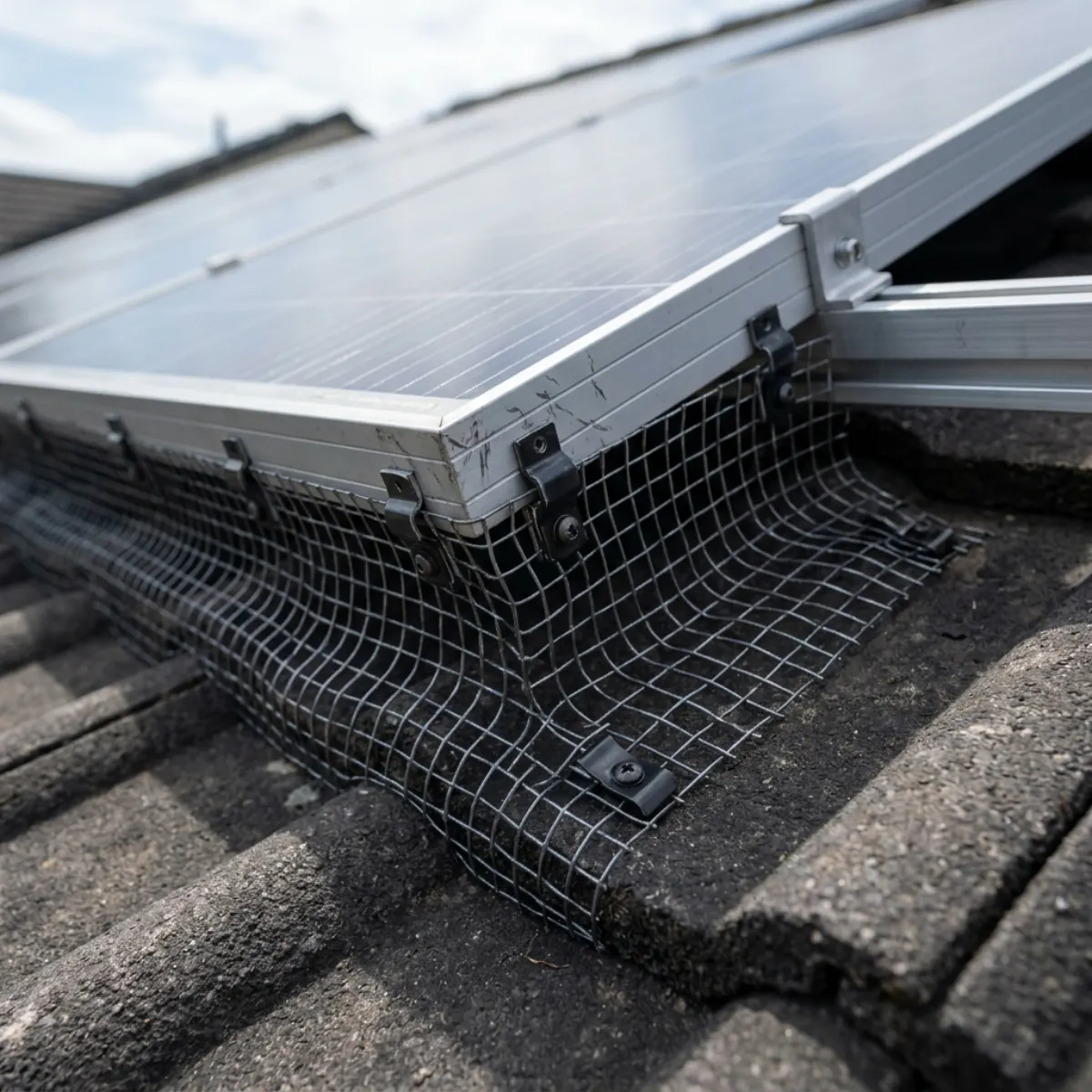 Close-up of premium wire mesh installed around the perimeter of rooftop solar panels using non-invasive clips