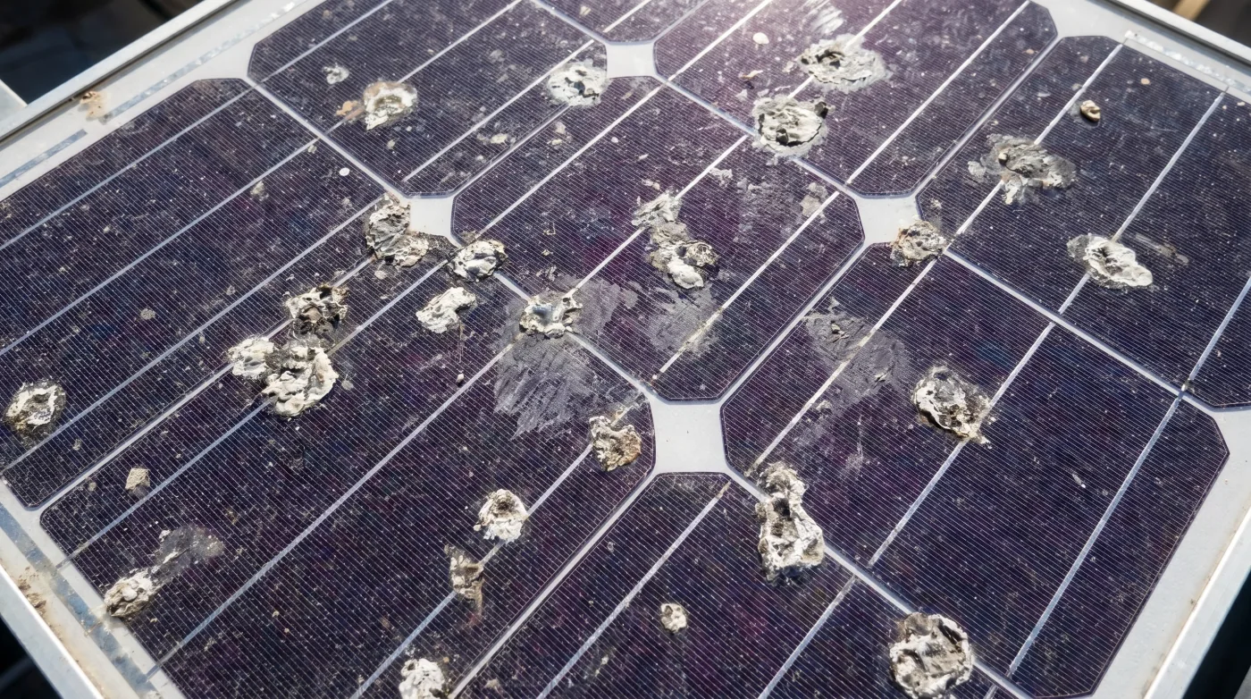 Solar panel heavily fouled with pigeon droppings causing localised shading and reduced output