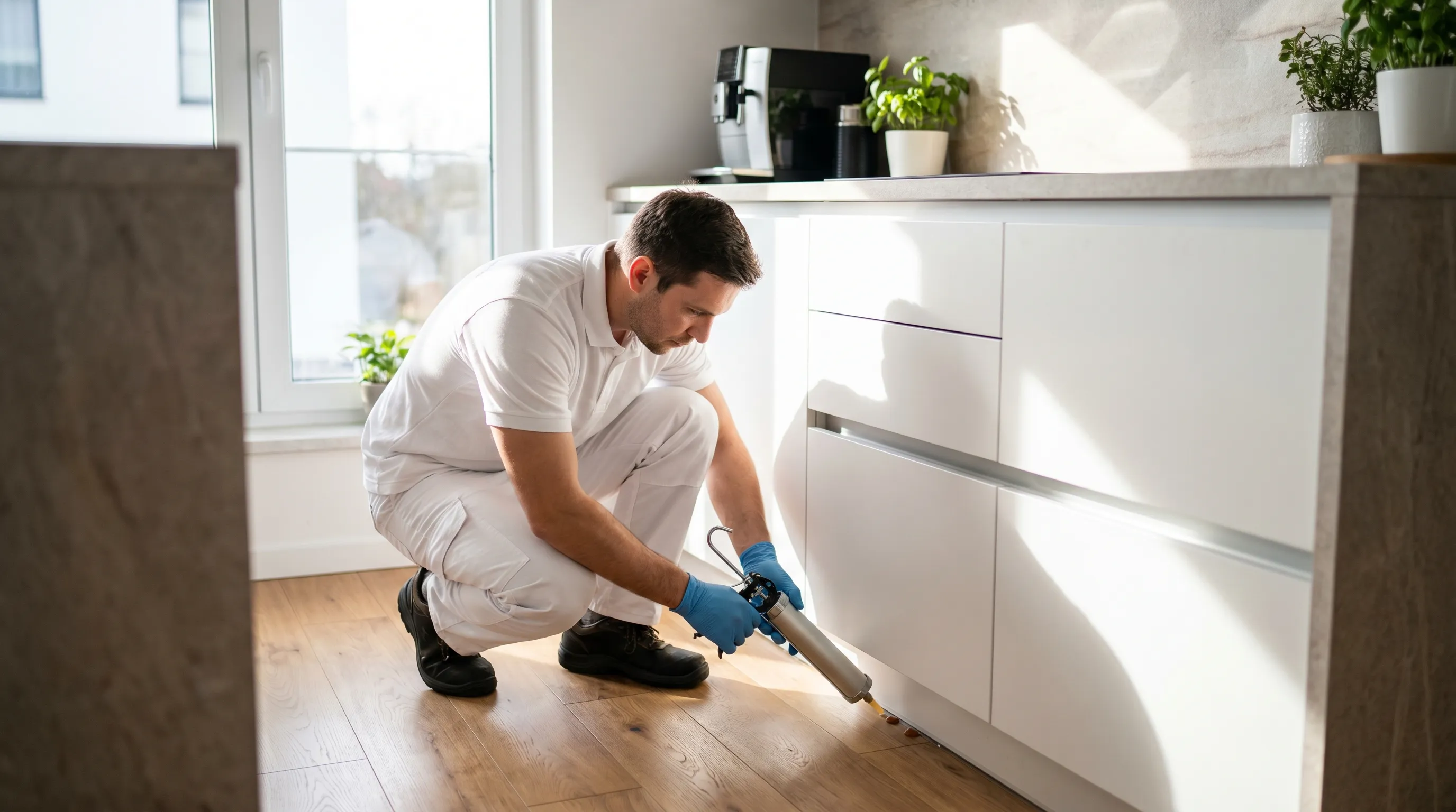 Pest control technician applying cockroach treatment in kitchen