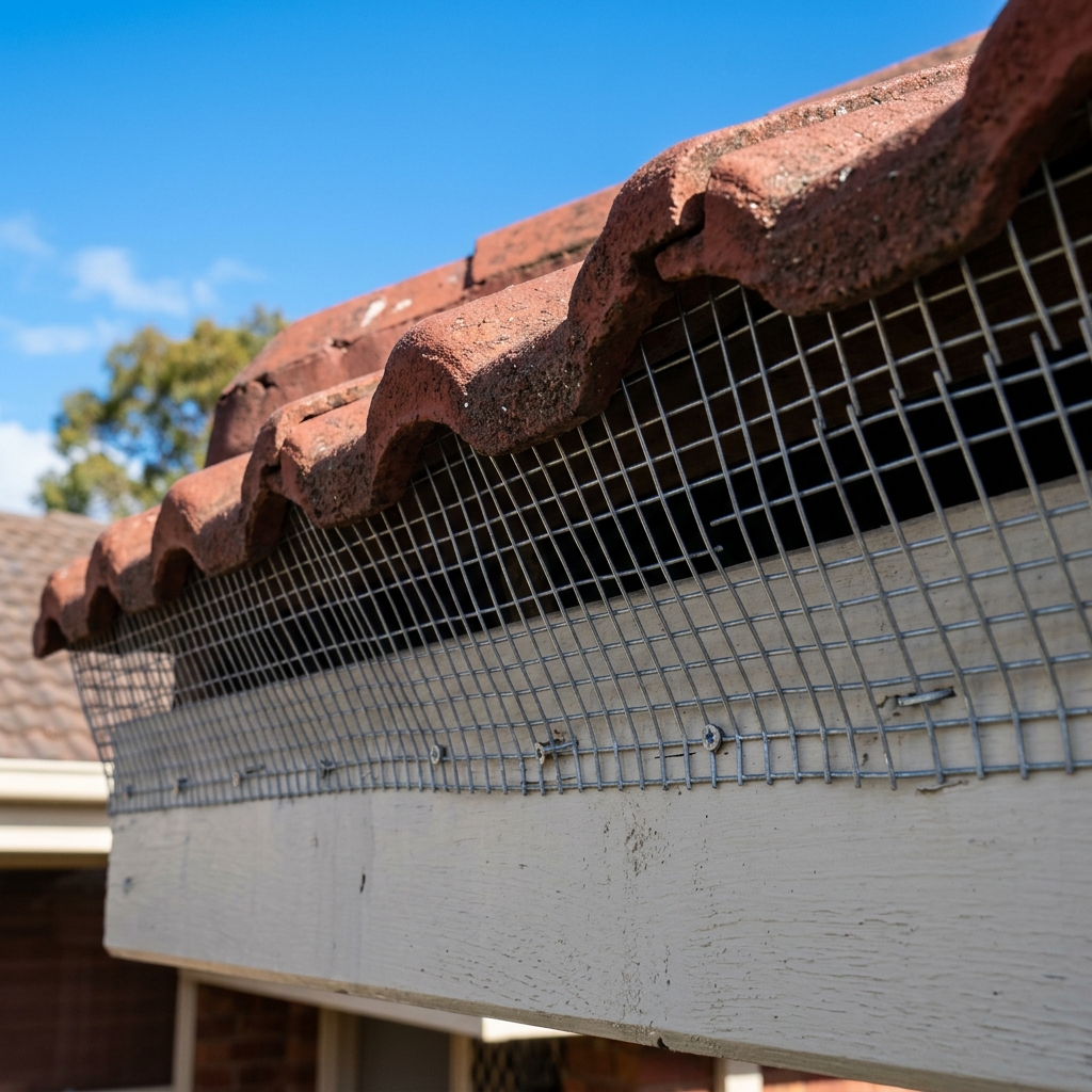 Galvanized steel wire mesh installed under the eave tiles and secured to the timber fascia to prevent possum entry