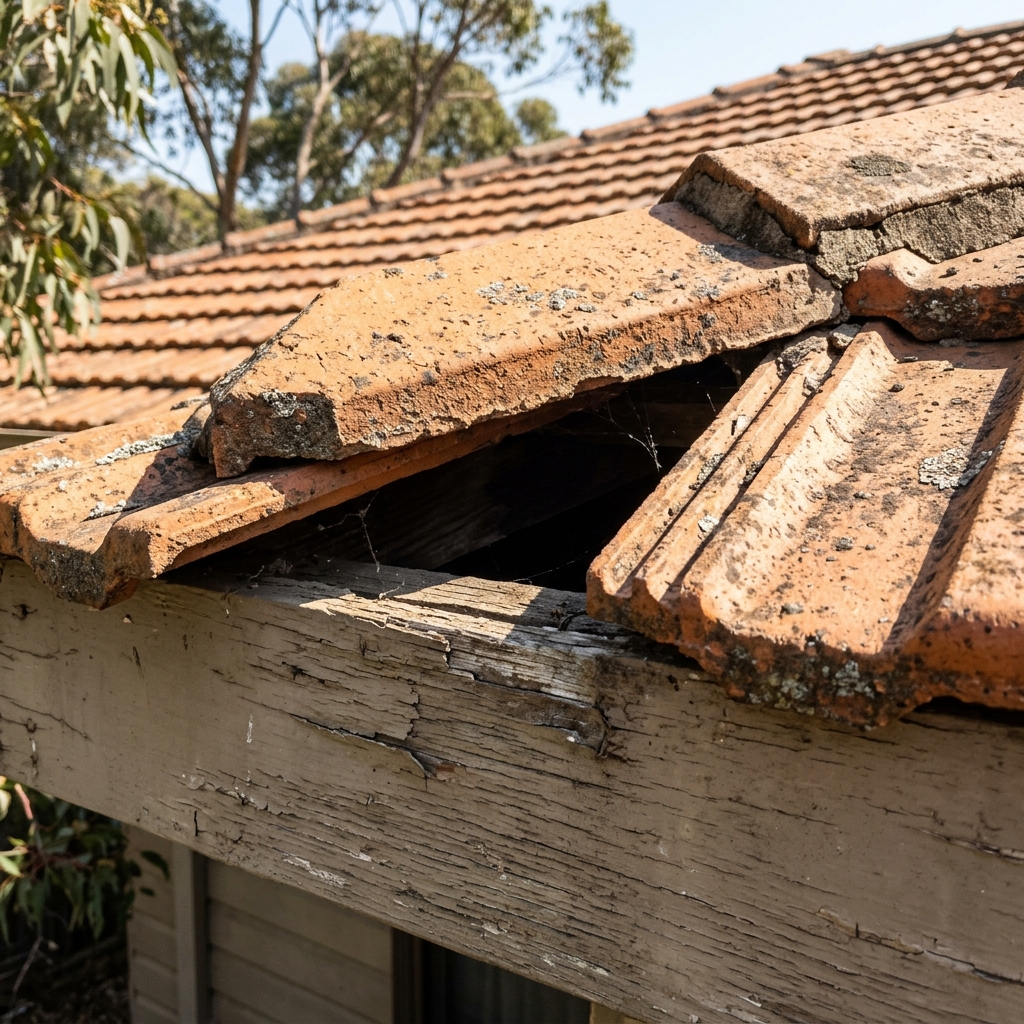 Displaced terracotta concrete roof tiles showing a dark entry gap and weathered timber eave beneath