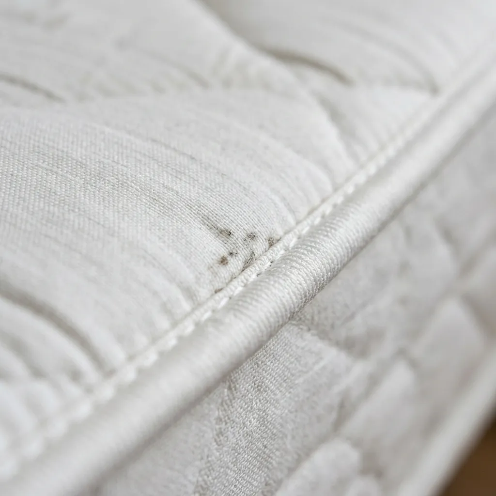 Close-up of mattress seam showing common signs of bed bugs