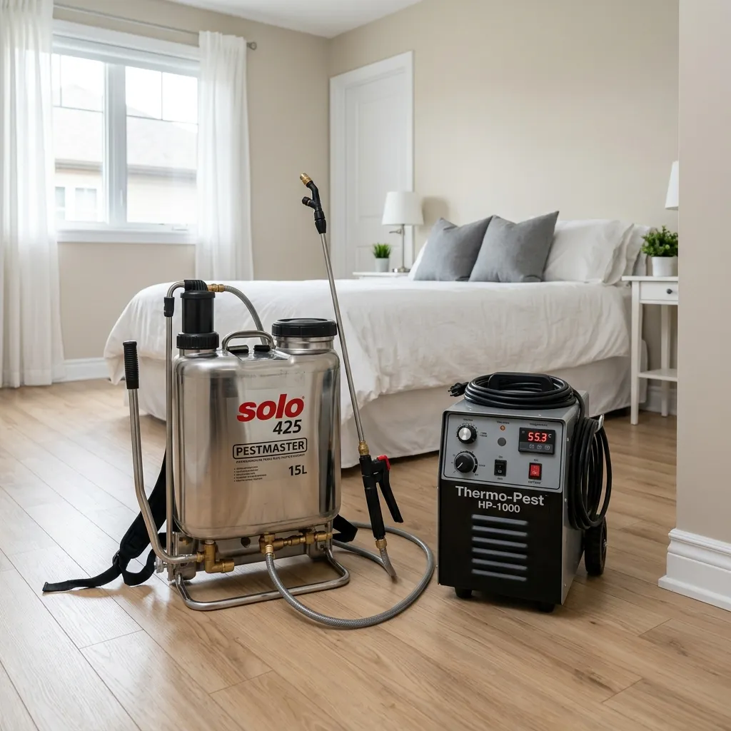 Professional bed bug treatment equipment set up in a clean bedroom