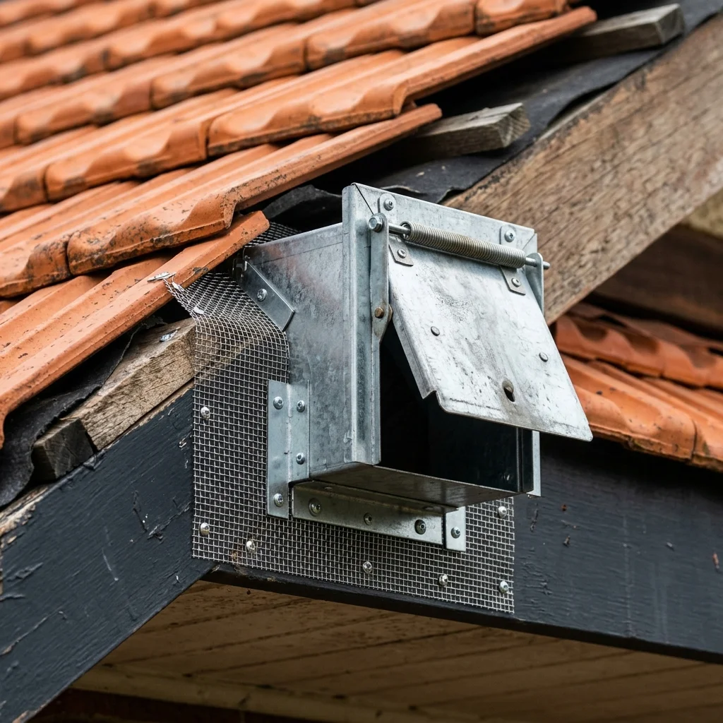Close-up of a one-way possum exclusion door installed on a tiled roof gap