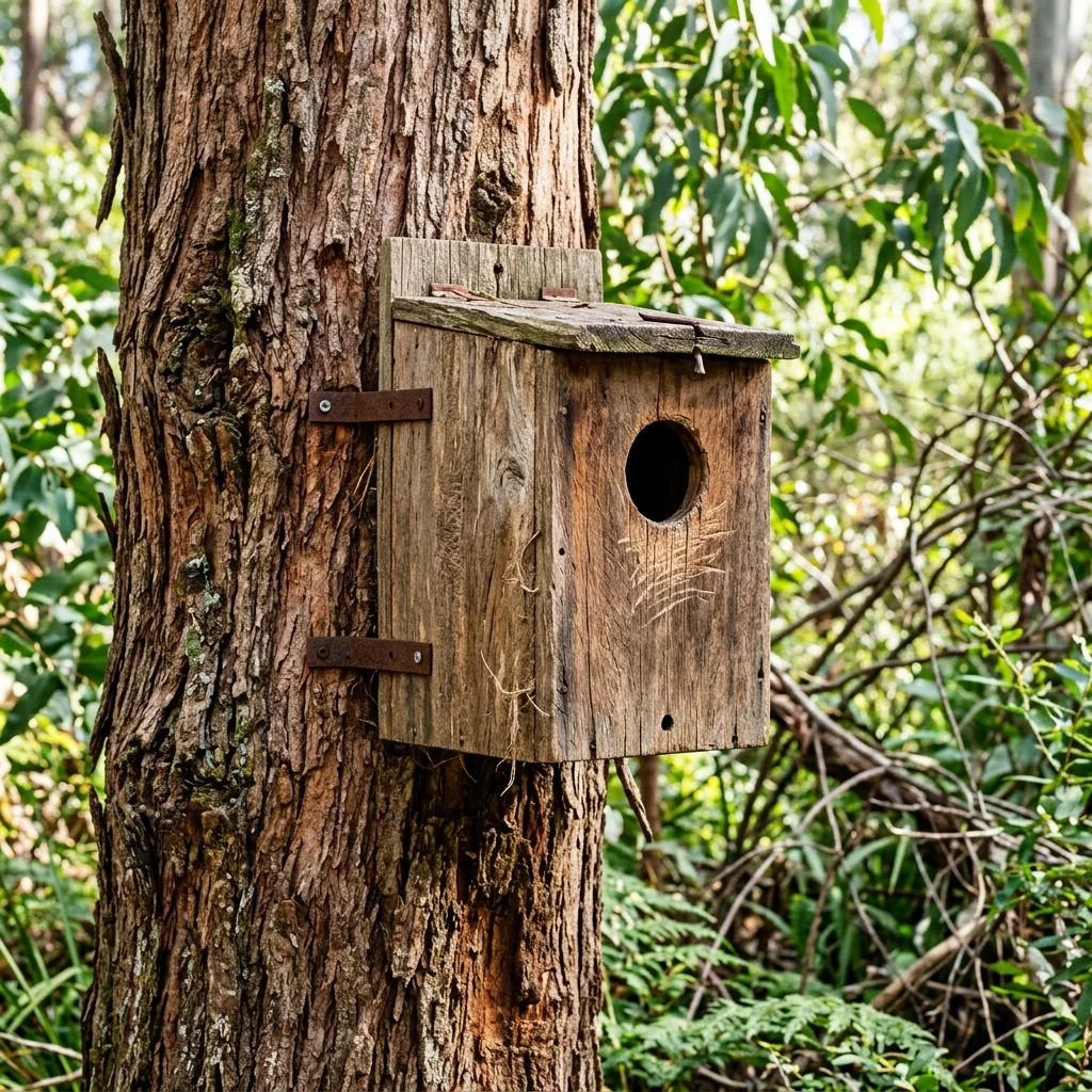 Close-up of a wooden possum nest box installed on a large eucalyptus gum tree trunk