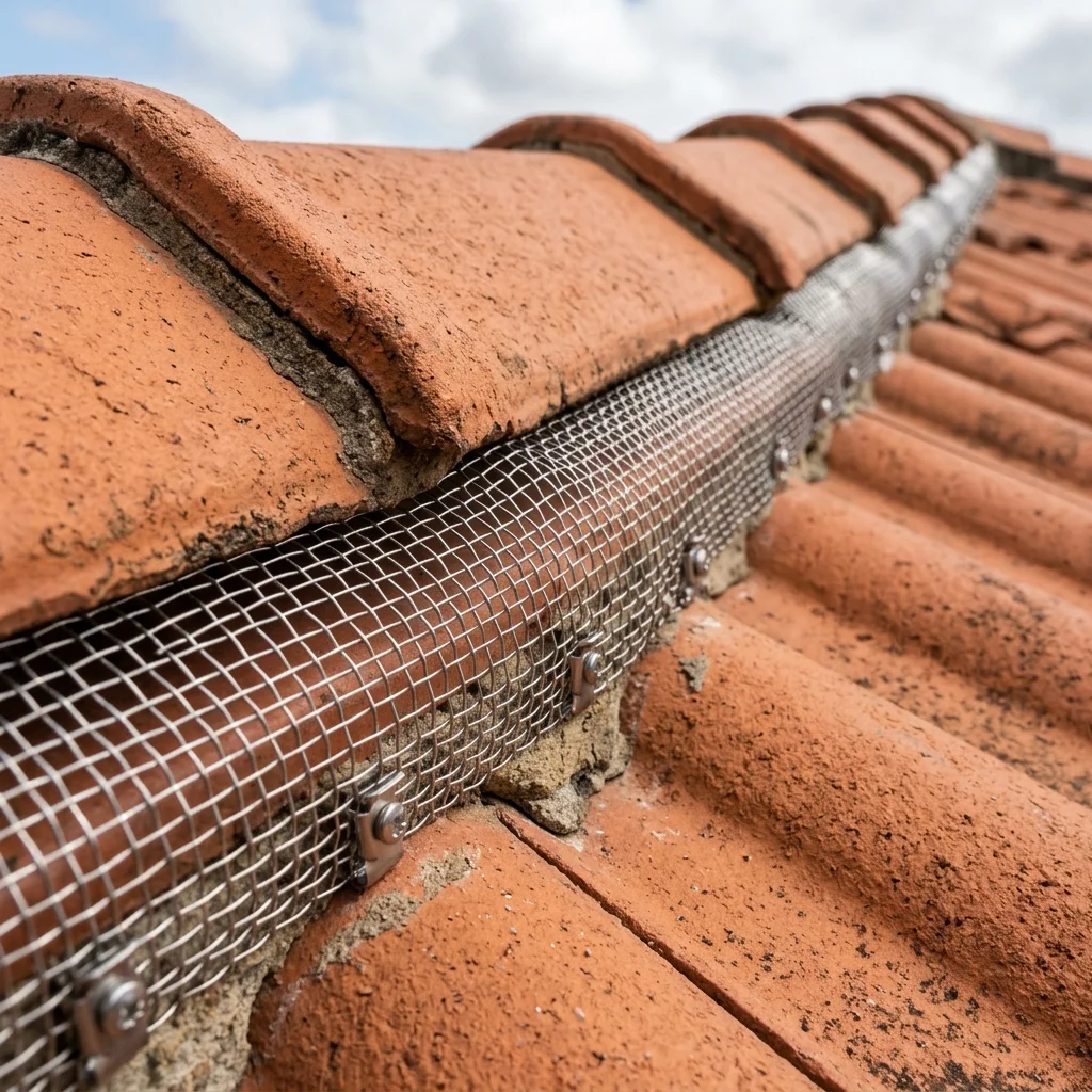 Stainless steel wire mesh proofing barrier installed along a residential roofline to exclude roof rats