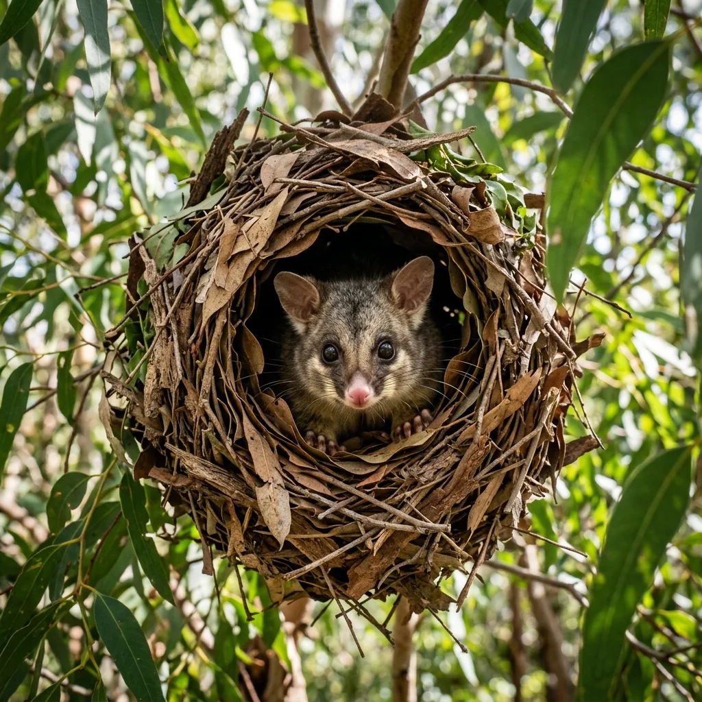 Close up of a Ringtail possum peering from its woven nest or drey in the trees