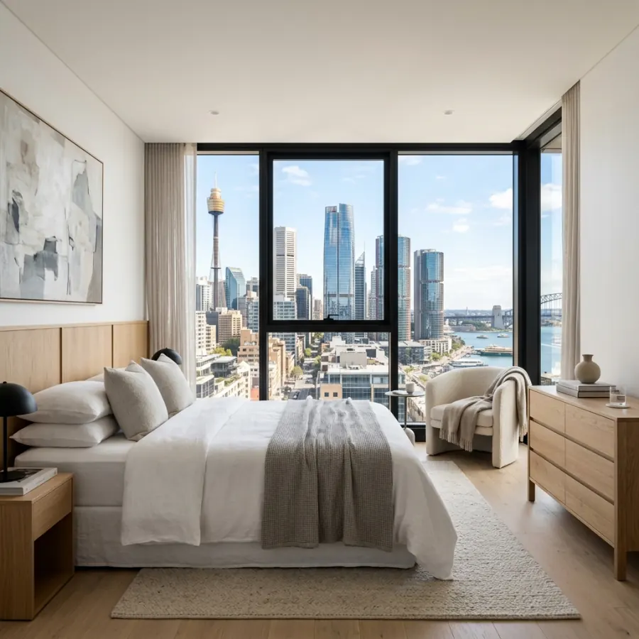 A modern high-rise apartment bedroom in Sydney CBD showing a skyline view through the window